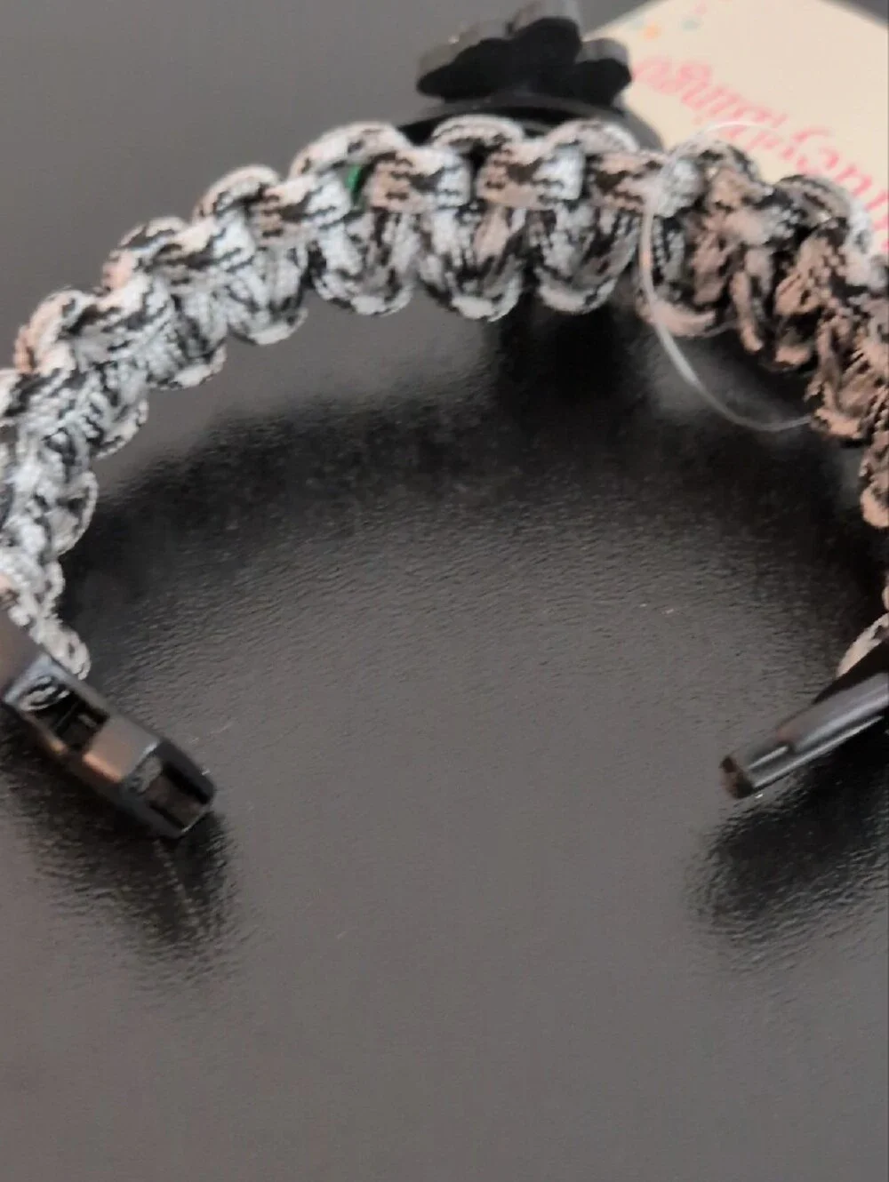 Kids Black & White Braided Paracord Bracelet with Cartoon Dog Charm. Size 6